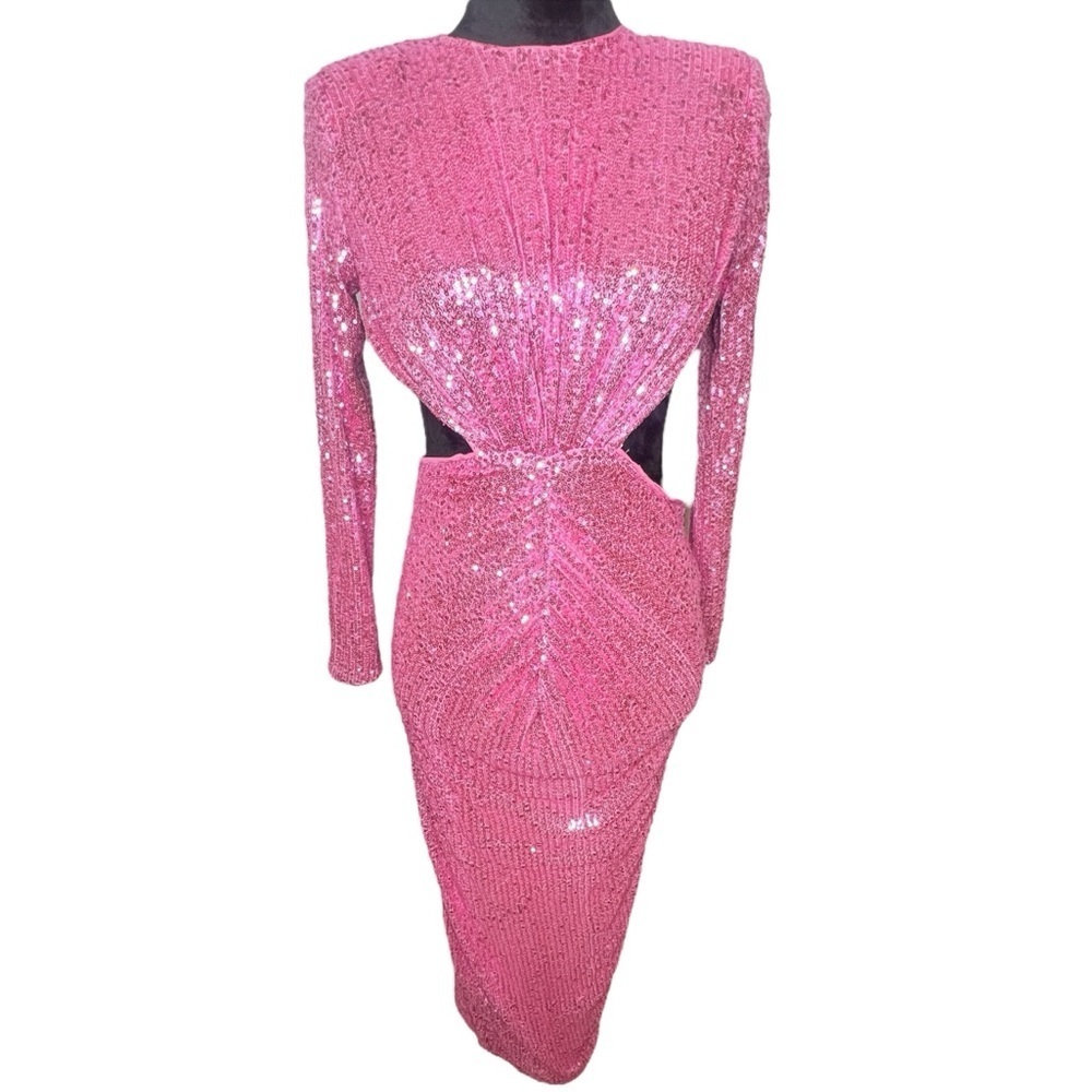 Elegant Barbie Pink Sequin Long Sleeve Backless Cinched Dress Women’s Size Small